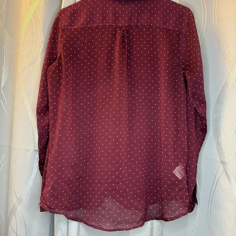 Eddie Bauer L Burgundy Long Sleeve Semi‎ Sheer Blouse Button Up Polka Dots - Picture 10 of 16